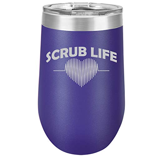 16 oz Double Wall Vacuum Insulated Stainless Steel Stemless Wine Tumbler Glass Coffee Travel Mug With Lid Scrub Life Nurse (Purple)