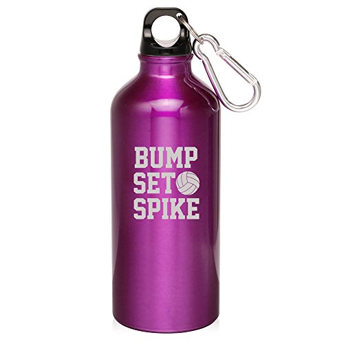 20oz Aluminum Sports Water Bottle Caribiner Clip Bump Set Spike Volleyball (Purple)