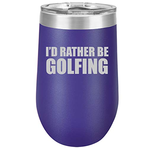 16 oz Double Wall Vacuum Insulated Stainless Steel Stemless Wine Tumbler Glass Coffee Travel Mug With Lid I'd Rather Golfing (Purple)