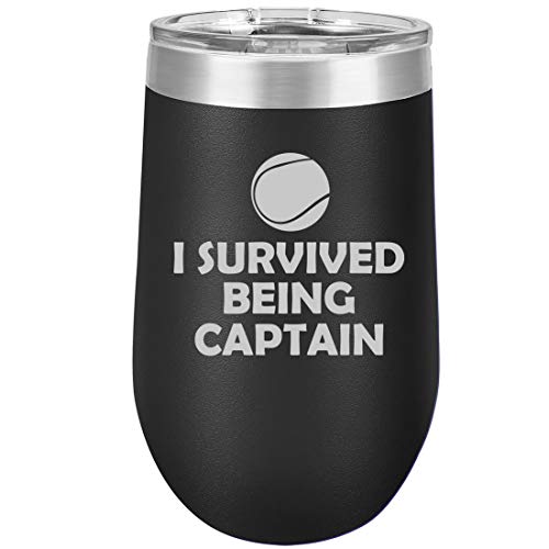 16 oz Double Wall Vacuum Insulated Stainless Steel Stemless Wine Tumbler Glass Coffee Travel Mug With Lid Tennis I Survived Being Captain (Black)