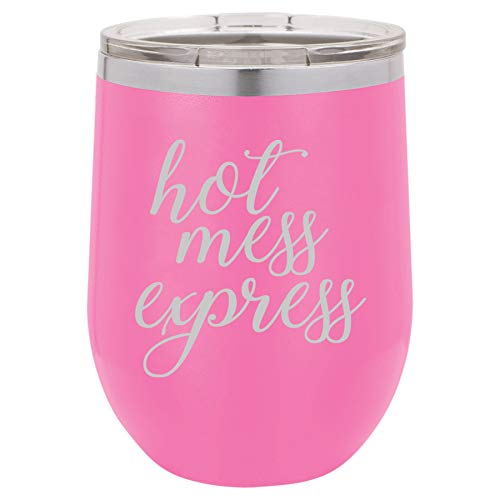 12 oz Double Wall Vacuum Insulated Stainless Steel Stemless Wine Tumbler Glass Coffee Travel Mug With Lid Hot Mess Express Funny (Hot Pink)