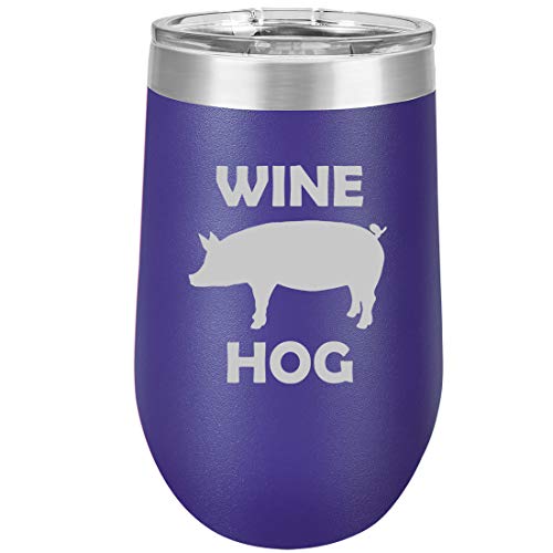 16 oz Double Wall Vacuum Insulated Stainless Steel Stemless Wine Tumbler Glass Coffee Travel Mug With Lid Wine Hog Pig Funny (Purple)