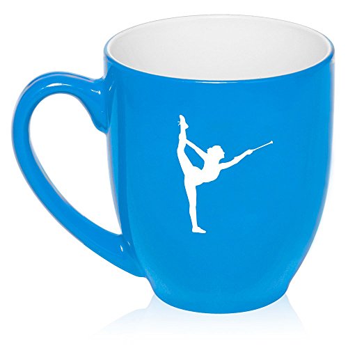 16 oz Large Bistro Mug Ceramic Coffee Tea Glass Cup Female Gymnast Twirling Baton Gymnastics (Light Blue)