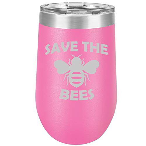 16 oz Double Wall Vacuum Insulated Stainless Steel Stemless Wine Tumbler Glass Coffee Travel Mug With Lid Save The Bees (Hot Pink)