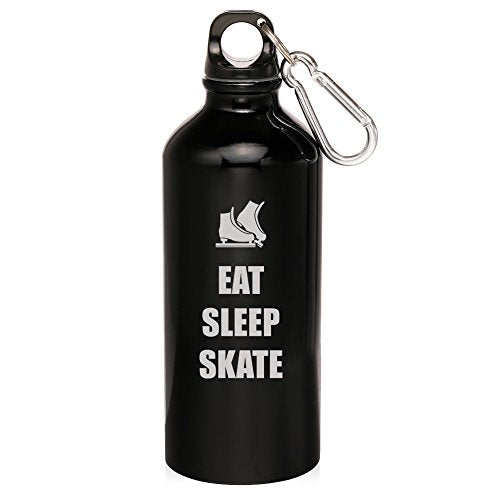 20oz Aluminum Sports Water Bottle Caribiner Clip Eat Sleep Skate Ice Skates (Black)