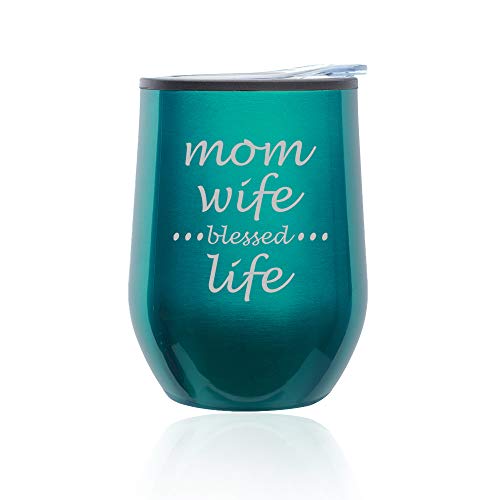 Stemless Wine Tumbler Coffee Travel Mug Glass With Lid Mom Wife Blessed Life Mother (Turquoise Teal)