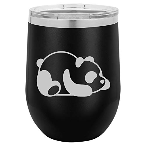 12 oz Double Wall Vacuum Insulated Stainless Steel Stemless Wine Tumbler Glass Coffee Travel Mug With Lid Lazy Panda (Black)