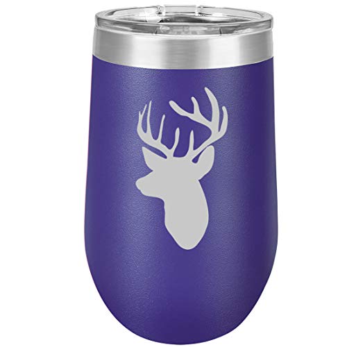 16 oz Double Wall Vacuum Insulated Stainless Steel Stemless Wine Tumbler Glass Coffee Travel Mug With Lid Deer Head With Antlers Hunting (Purple)