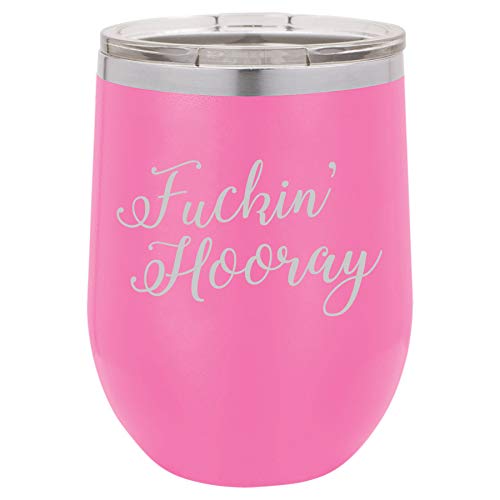 12 oz Double Wall Vacuum Insulated Stainless Steel Stemless Wine Tumbler Glass Coffee Travel Mug With Lid Fckin Hooray (Hot Pink)