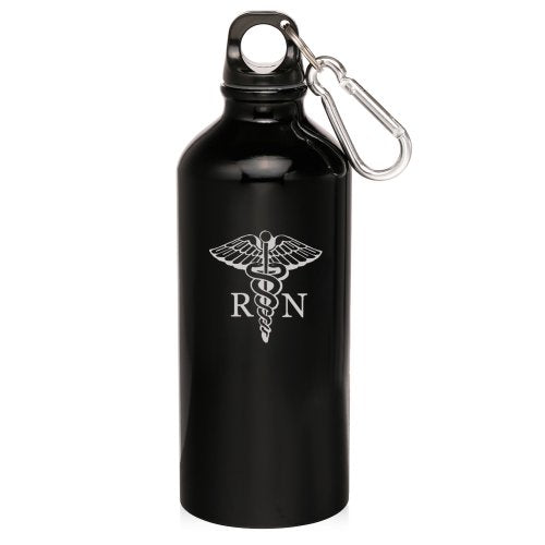 Black 20oz Aluminum Sports Water Bottle Caribiner Clip ZW417 Medical Symbol RN Registered Nurse