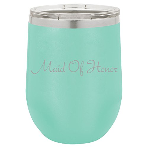 12 oz Double Wall Vacuum Insulated Stainless Steel Stemless Wine Tumbler Glass Coffee Travel Mug With Lid Maid Of Honor Bachelorette Wedding (Teal)