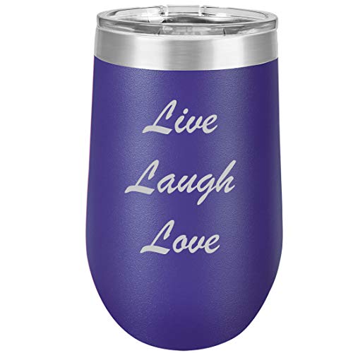 16 oz Double Wall Vacuum Insulated Stainless Steel Stemless Wine Tumbler Glass Coffee Travel Mug With Lid Live Laugh Love (Purple)