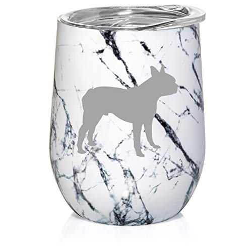 12 oz Double Wall Vacuum Insulated Stainless Steel Marble Stemless Wine Tumbler Glass Coffee Travel Mug With Lid Boston Terrier (Black White Marble)