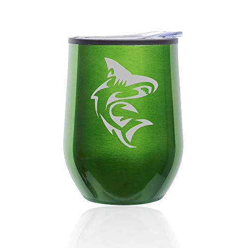 Stemless Wine Tumbler Coffee Travel Mug Glass With Lid Shark (Green)