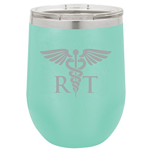 12 oz Double Wall Vacuum Insulated Stainless Steel Stemless Wine Tumbler Glass Coffee Travel Mug With Lid RT Respiratory Therapist (Teal)