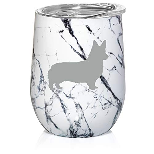 12 oz Double Wall Vacuum Insulated Stainless Steel Marble Stemless Wine Tumbler Glass Coffee Travel Mug With Lid Corgi (Black White Marble)