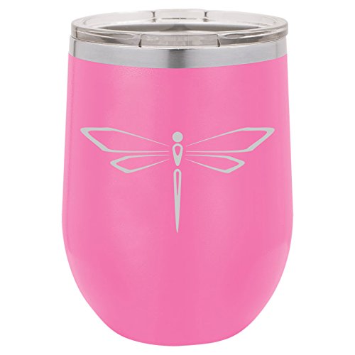 12 oz Double Wall Vacuum Insulated Stainless Steel Stemless Wine Tumbler Glass Coffee Travel Mug With Lid Dragonfly (Hot-Pink)