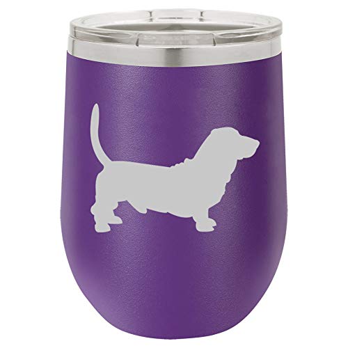 12 oz Double Wall Vacuum Insulated Stainless Steel Stemless Wine Tumbler Glass Coffee Travel Mug With Lid Basset Hound (Purple)