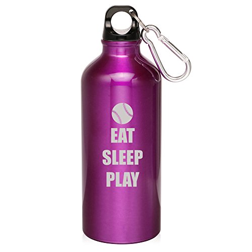 20oz Aluminum Sports Water Bottle Caribiner Clip Eat Sleep Play Baseball Softball (Purple)