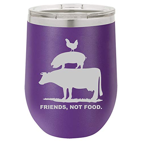 12 oz Double Wall Vacuum Insulated Stainless Steel Stemless Wine Tumbler Glass Coffee Travel Mug With Lid Friends, Not Food Vegan Farm Animal Rights (Purple)