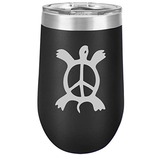 16 oz Double Wall Vacuum Insulated Stainless Steel Stemless Wine Tumbler Glass Coffee Travel Mug With Lid Turtle Peace Sign (Black)