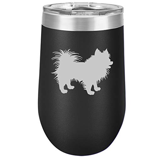16 oz Double Wall Vacuum Insulated Stainless Steel Stemless Wine Tumbler Glass Coffee Travel Mug With Lid Pomeranian (Black)