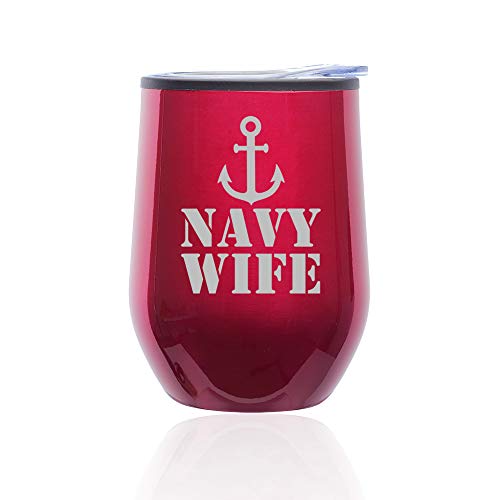 Stemless Wine Tumbler Coffee Travel Mug Glass With Lid Navy Wife (Fuchsia)