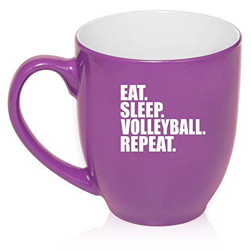 16 oz Large Bistro Mug Ceramic Coffee Tea Glass Cup Eat Sleep Volleyball Repeat (Purple)