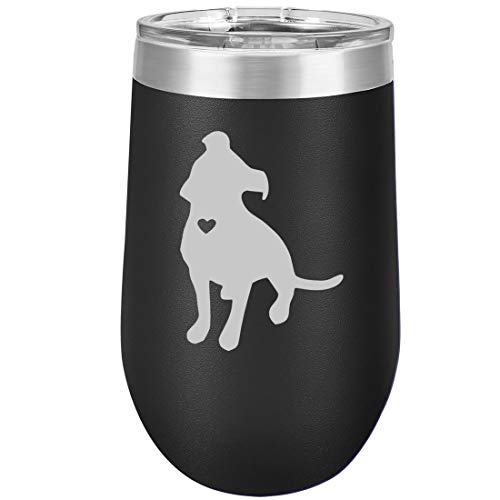 16 oz Double Wall Vacuum Insulated Stainless Steel Stemless Wine Tumbler Glass Coffee Travel Mug With Lid Cute Pit Bull With Heart (Black)