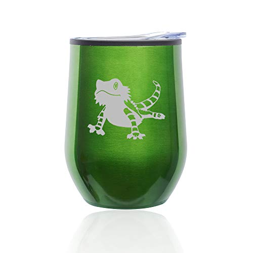 Stemless Wine Tumbler Coffee Travel Mug Glass With Lid Bearded Dragon Lizard (Green)