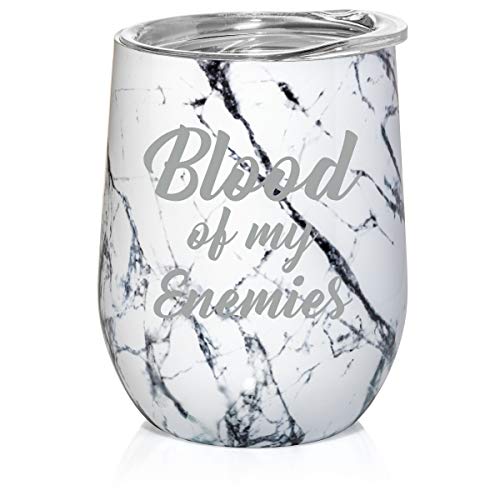 12 oz Double Wall Vacuum Insulated Stainless Steel Marble Stemless Wine Tumbler Glass Coffee Travel Mug With Lid Blood Of My Enemies (Black White Marble)