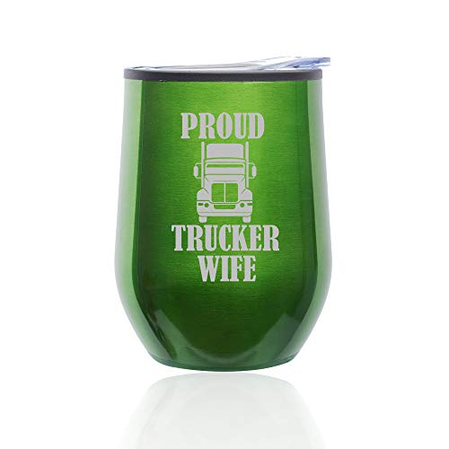 Stemless Wine Tumbler Coffee Travel Mug Glass With Lid Proud Trucker Wife (Green)