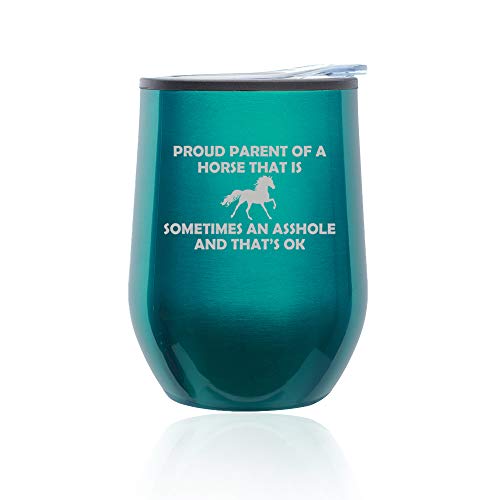 Stemless Wine Tumbler Coffee Travel Mug Glass With Lid Proud Parent Horse (Turquoise Teal)