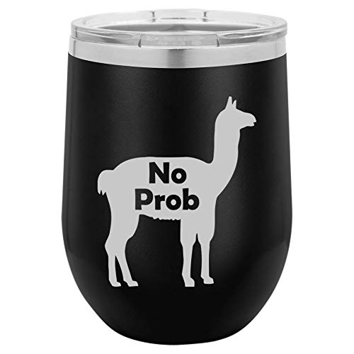 12 oz Double Wall Vacuum Insulated Stainless Steel Stemless Wine Tumbler Glass Coffee Travel Mug With Lid No Prob Llama Funny (Black)