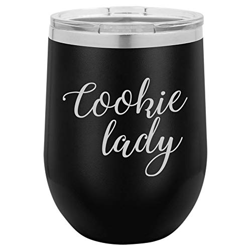 12 oz Double Wall Vacuum Insulated Stainless Steel Stemless Wine Tumbler Glass Coffee Travel Mug With Lid Cookie Lady (Black)