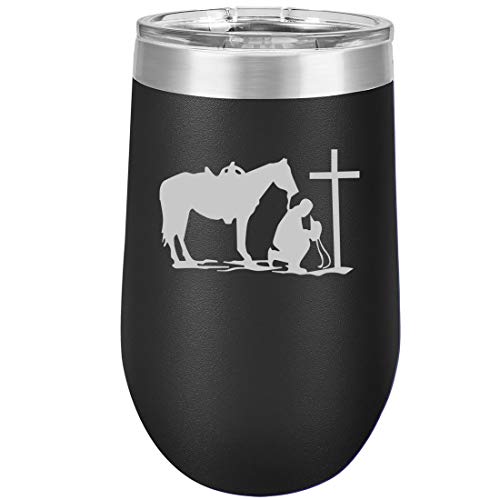 16 oz Double Wall Vacuum Insulated Stainless Steel Stemless Wine Tumbler Glass Coffee Travel Mug With Lid Cowboy Praying Cross Horse (Black)