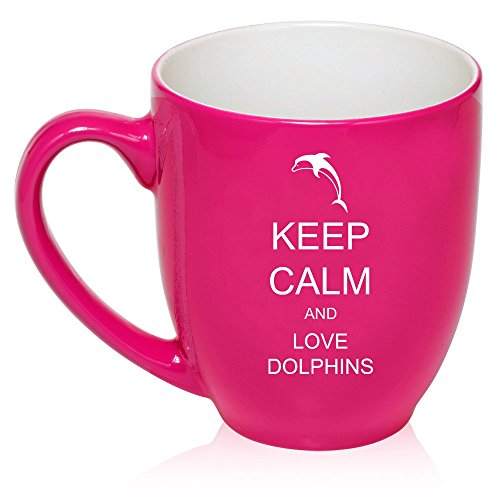 16 oz Large Bistro Mug Ceramic Coffee Tea Glass Cup Keep Calm and Love Dolphins (Hot Pink)