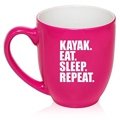 16 oz Large Bistro Mug Ceramic Coffee Tea Glass Cup Kayak Eat Sleep Repeat (Hot Pink)