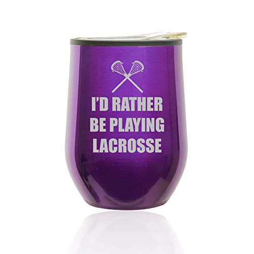 Stemless Wine Tumbler Coffee Travel Mug Glass With Lid I'd Rather Be Playing Lacrosse (Royal Purple)