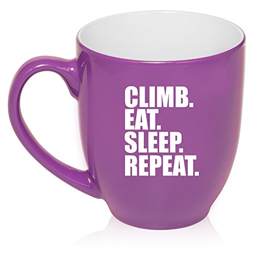 16 oz Large Bistro Mug Ceramic Coffee Tea Glass Cup Climb Eat Sleep Repeat Climber (Purple)