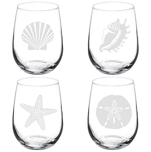 Set of 4 Wine Glass Goblet Sea Shells Sea Shore Collection (17 oz Stemless)