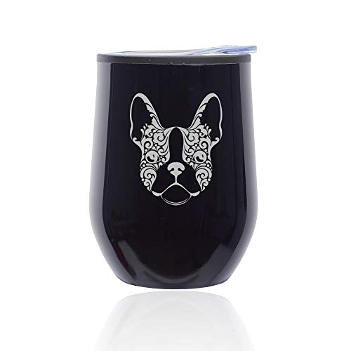 Stemless Wine Tumbler Coffee Travel Mug Glass With Lid French Bulldog Floral (Midnight Black)