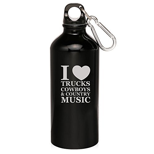 20oz Aluminum Sports Water Bottle Caribiner Clip I Love Trucks Cowboys Country Music (Black)