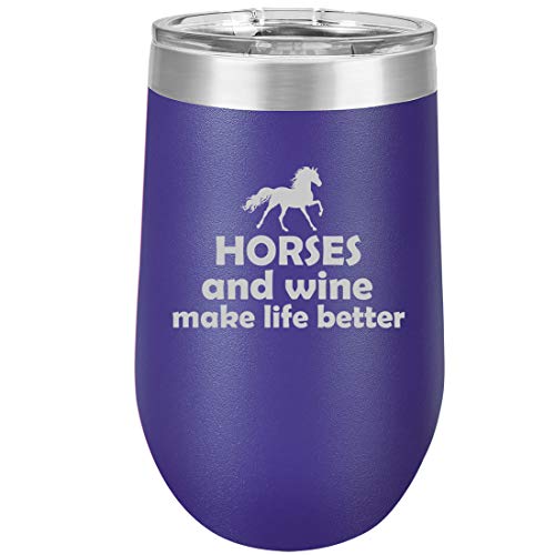 16 oz Double Wall Vacuum Insulated Stainless Steel Stemless Wine Tumbler Glass Coffee Travel Mug With Lid Horses And Wine Make Life Better (Purple)