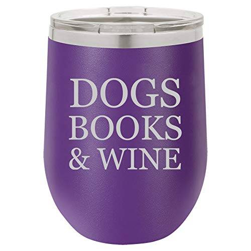 12 oz Double Wall Vacuum Insulated Stainless Steel Stemless Wine Tumbler Glass Coffee Travel Mug With Lid Dogs Books & Wine (Purple)