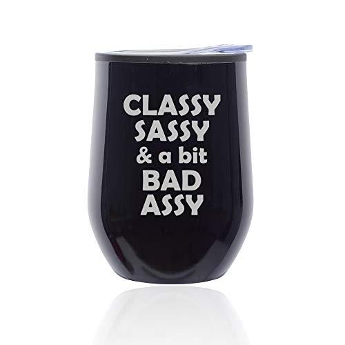 Stemless Wine Tumbler Coffee Travel Mug Glass With Lid Classy Sassy And A Bit Bad Assy (Midnight Black)