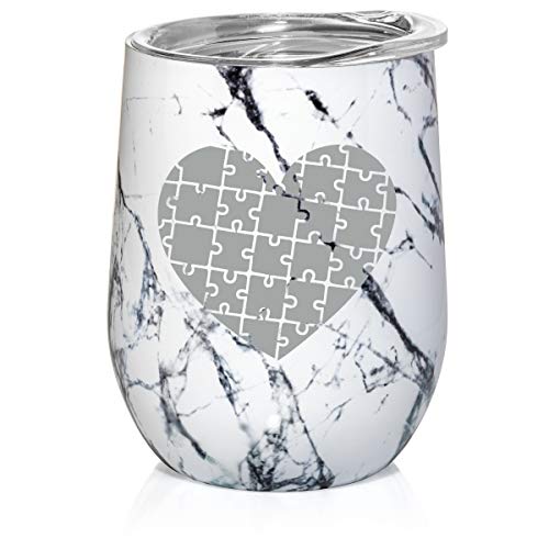 12 oz Double Wall Vacuum Insulated Stainless Steel Marble Stemless Wine Tumbler Glass Coffee Travel Mug With Lid Heart Puzzle Autism (Black White Marble)