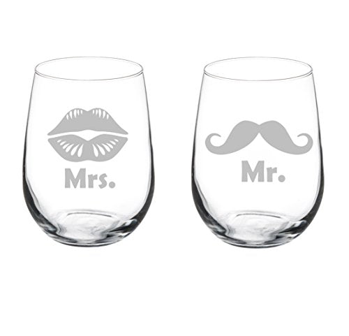 Set of 2 Wine Glasses Wedding Married Couple Mr. Mrs. Mustache Lips (17 oz Stemless)