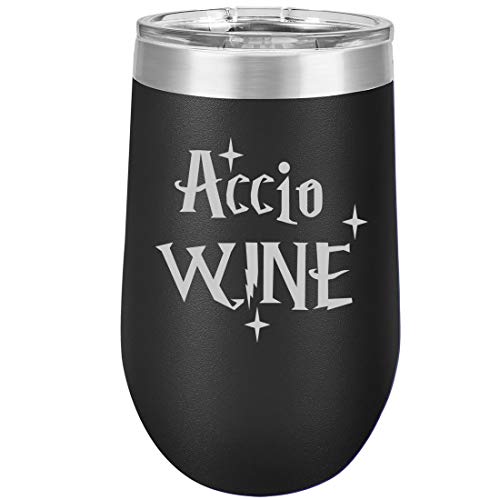 16 oz Double Wall Vacuum Insulated Stainless Steel Stemless Wine Tumbler Glass Coffee Travel Mug With Lid Accio Wine (Black)