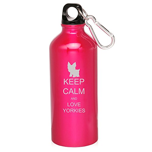 20oz Aluminum Sports Water Bottle Caribiner Clip Keep Calm and Love Yorkies (Hot Pink)